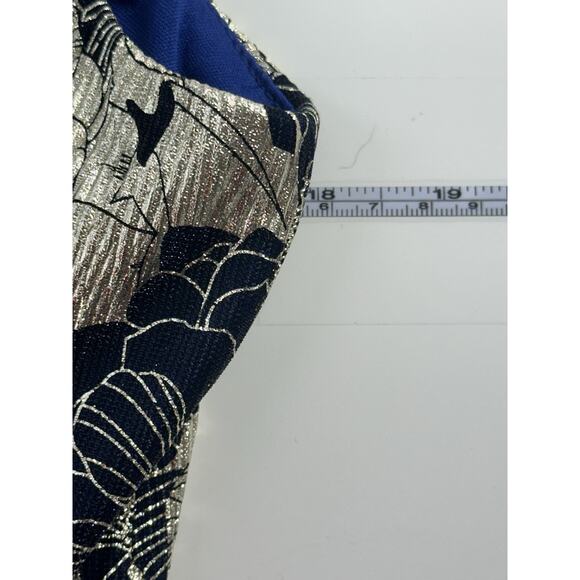 Betsy & Adam Metallic Floral One Shoulder Gown Size 14 Navy Gold A-Line Formal - Picture 12 of 16